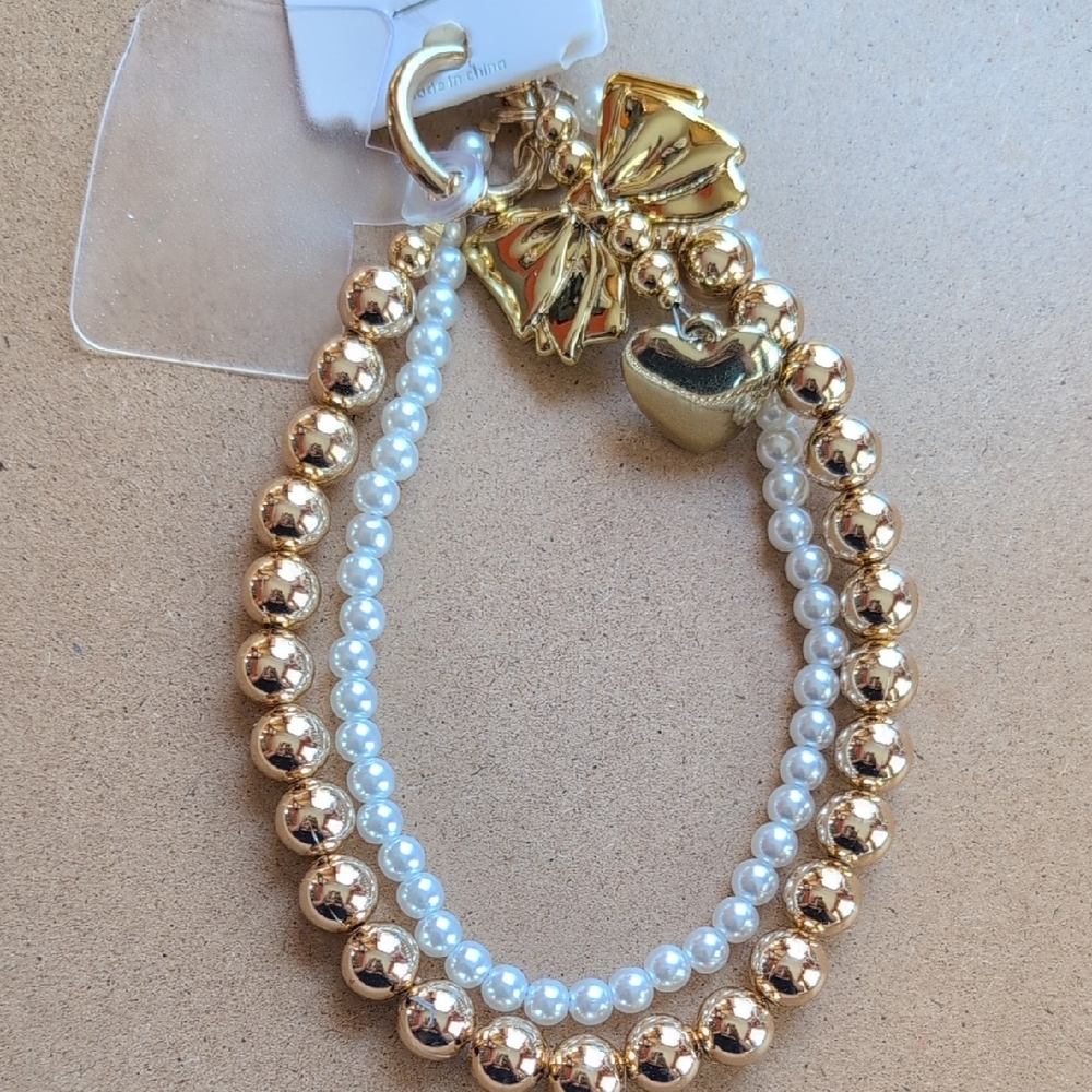 Gold and White Bow Beaded Phone Charm
